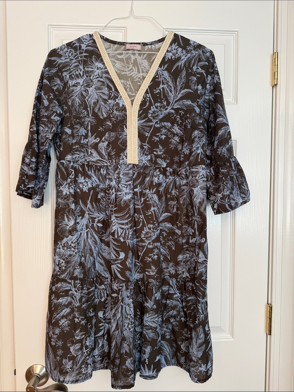 Floral V-Neck Mini Dress in Black with Light Blue Print